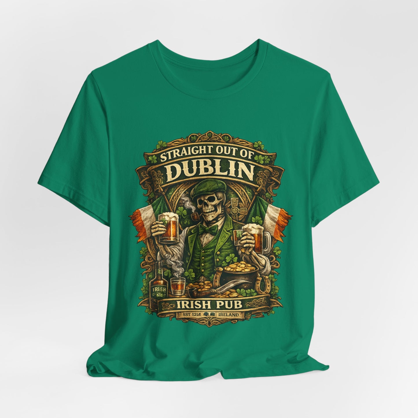 Straight Out of Dublin Irish Pub T-Shirt — St. Patrick’s Day Skeleton Pint Tee
