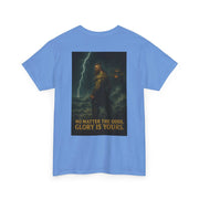blue unisex heavy cotton t-shirt with inspirational quote and warrior graphic on back
