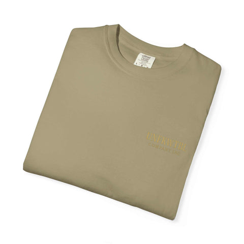 Folded olive green Medusa Beauty unisex T-shirt with subtle logo on chest and crew neckline