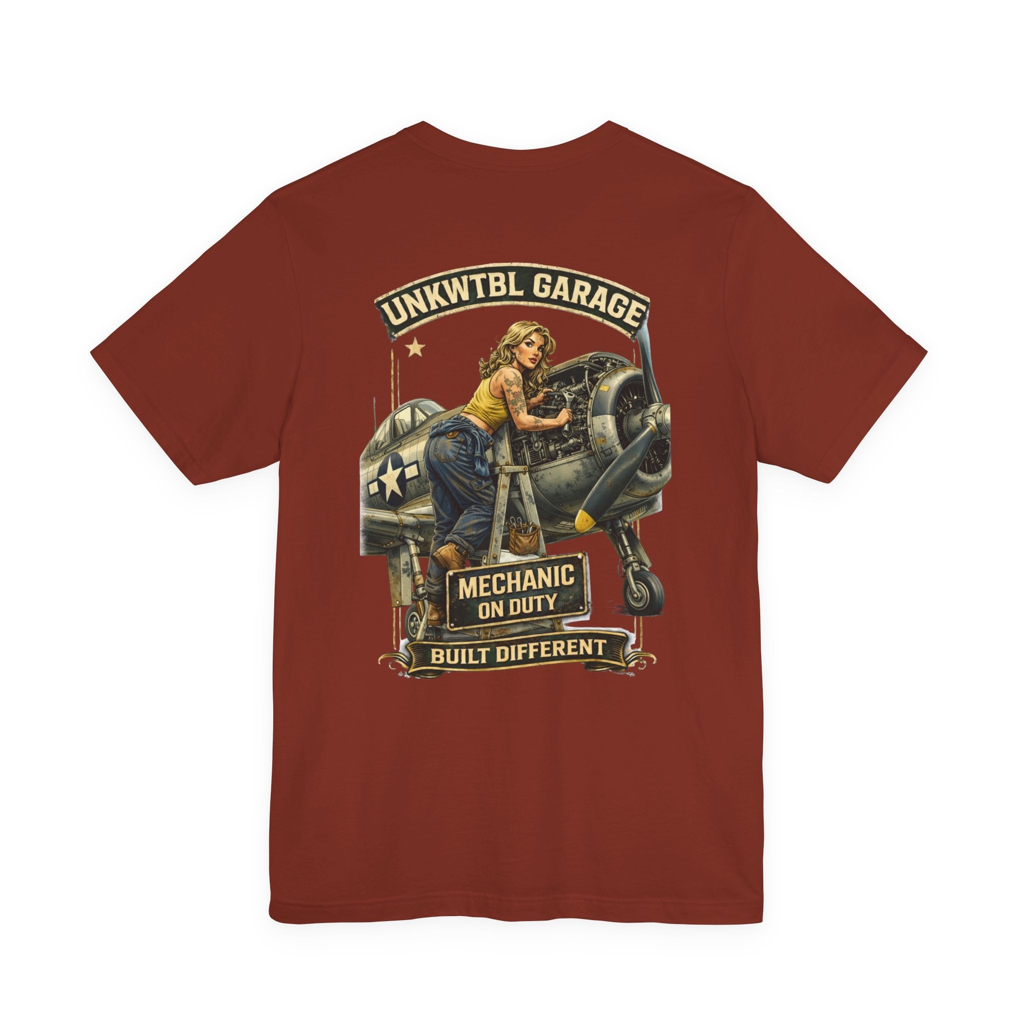 Mechanic On Duty Tee — Vintage Pin-Up Aircraft Garage Shirt