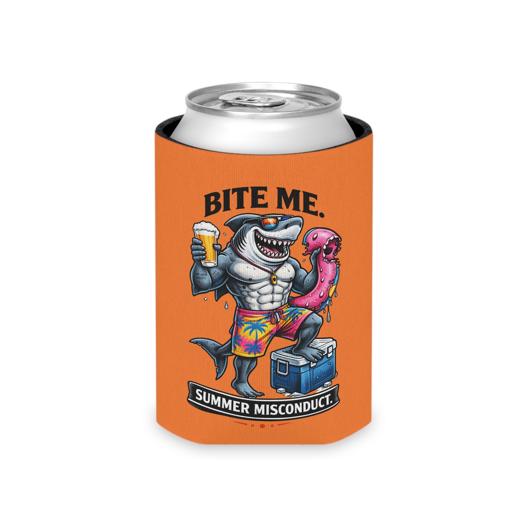 Can Cooler - 'Bite Me' Shark & 'Stay Cold' Retro Beer Koozie (Summer Misconduct)