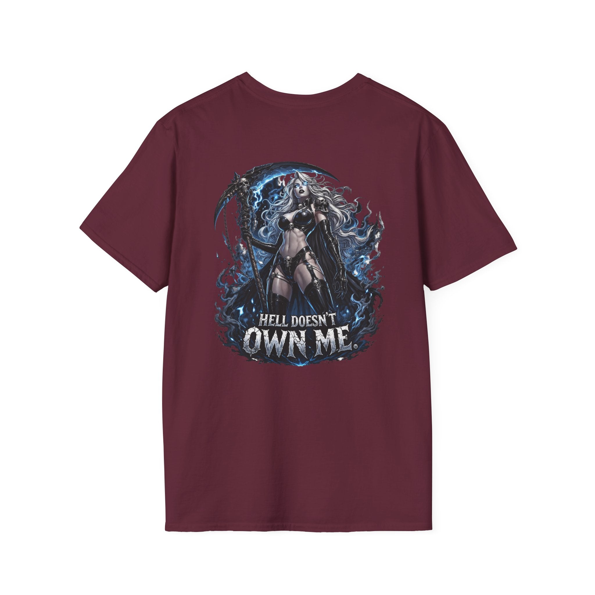 Reaper Graphic T-Shirt — "Hell Doesn't Own Me" Gothic Skull Tee