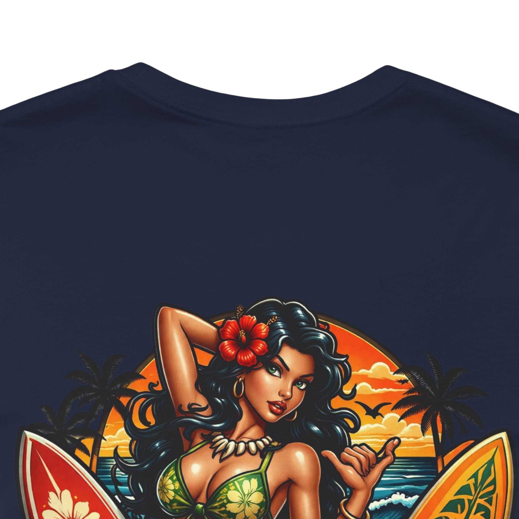 Hawaiian Surfboard T‑Shirt with vibrant surfboard graphic and tropical blooms on breathable cotton tee