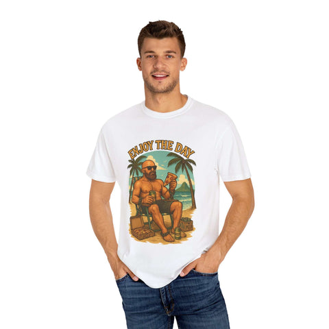 Atlas Enjoy the Day relaxed fit white graphic t-shirt with tropical beach design for men and women