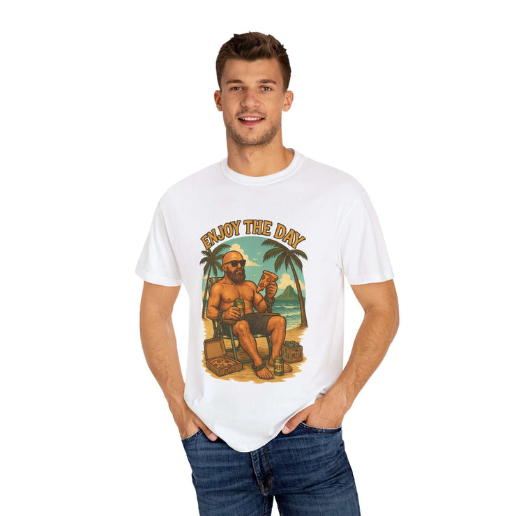 Atlas Enjoy the Day relaxed fit white graphic t-shirt with tropical beach design for men and women