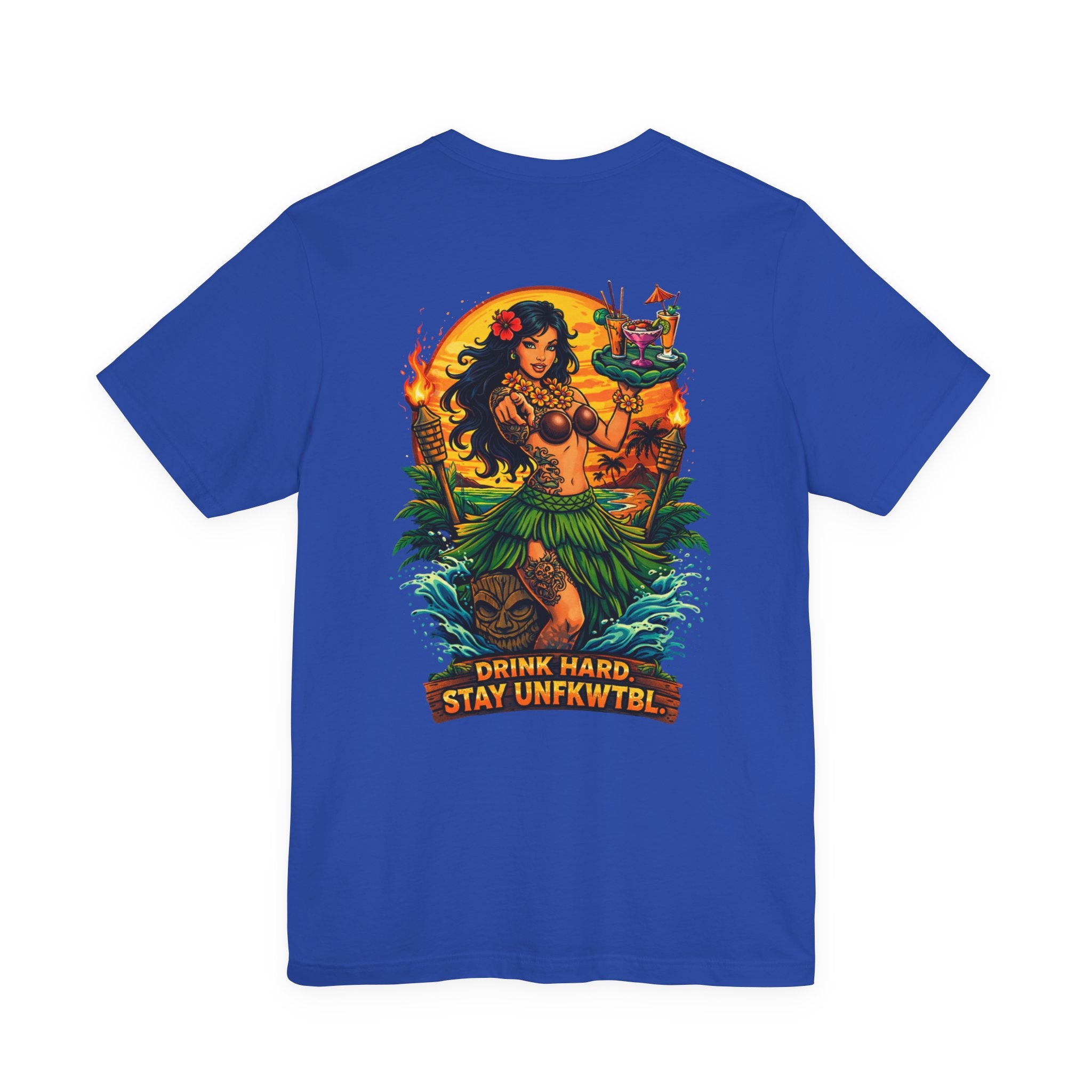Hawaiian Hula Mermaid T‑Shirt — "Drink Hard Stay Unfwktbl" Tropical Bar Tee