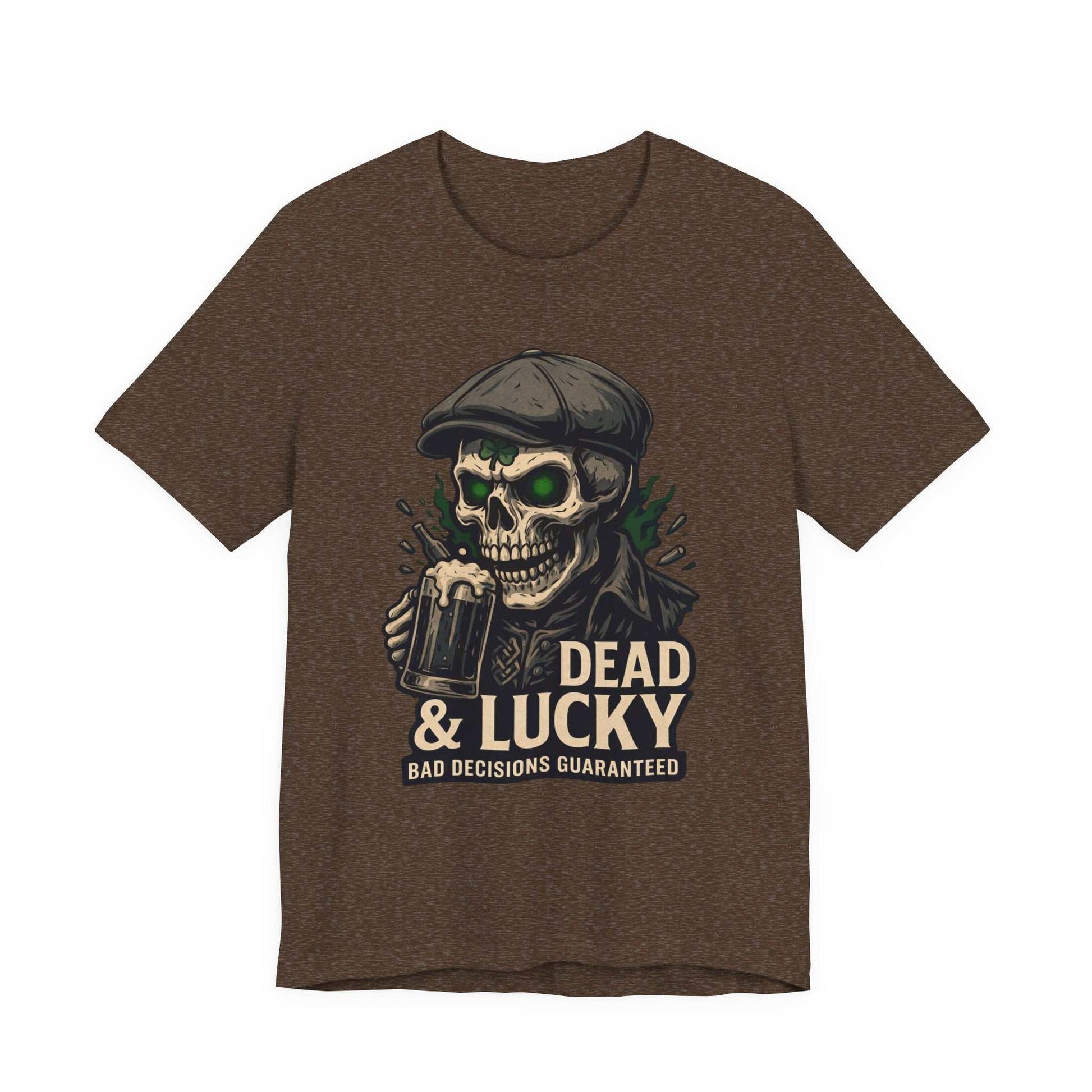 Dead & Lucky Skull Tee with grinning skull graphic and "Bad decisions guaranteed" text on lightweight cotton shirt