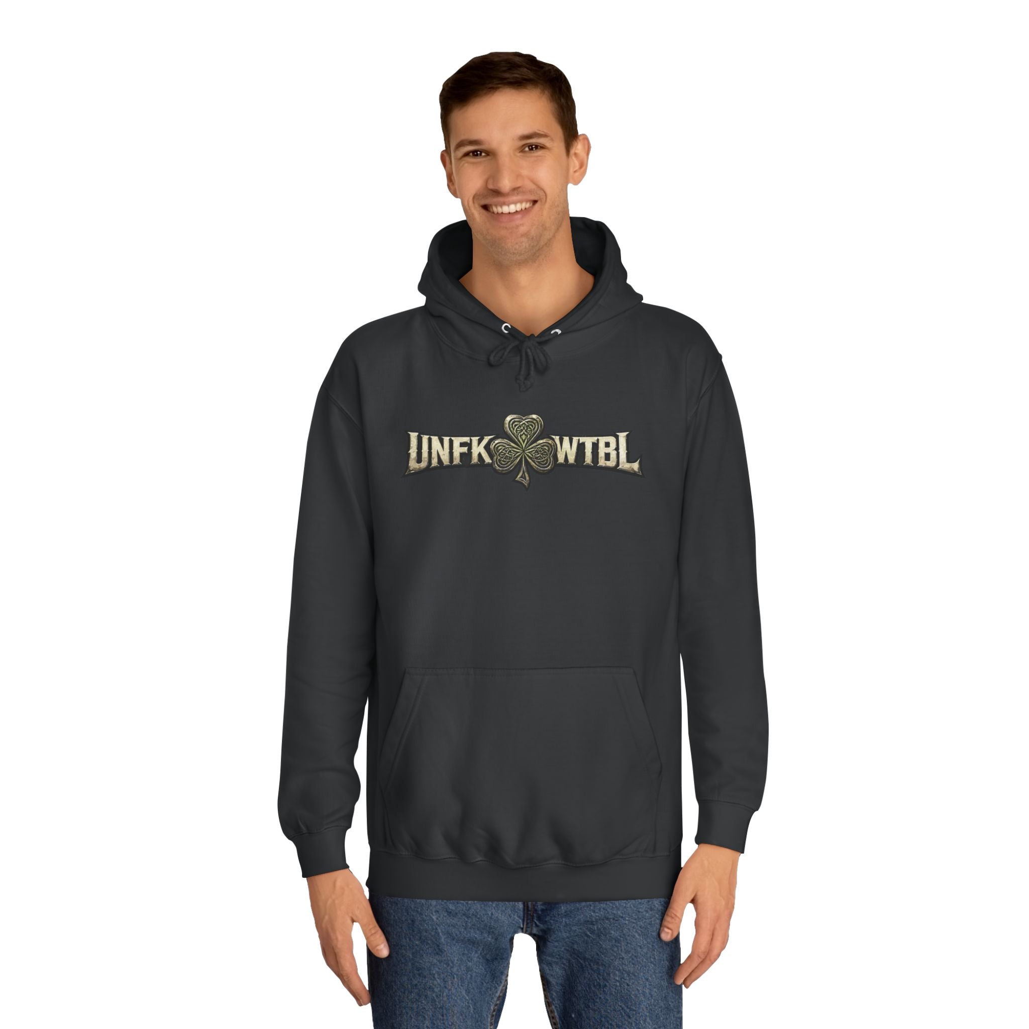 College Hoodie — 'UNFK WTB L' Vintage Shamrock Graphic