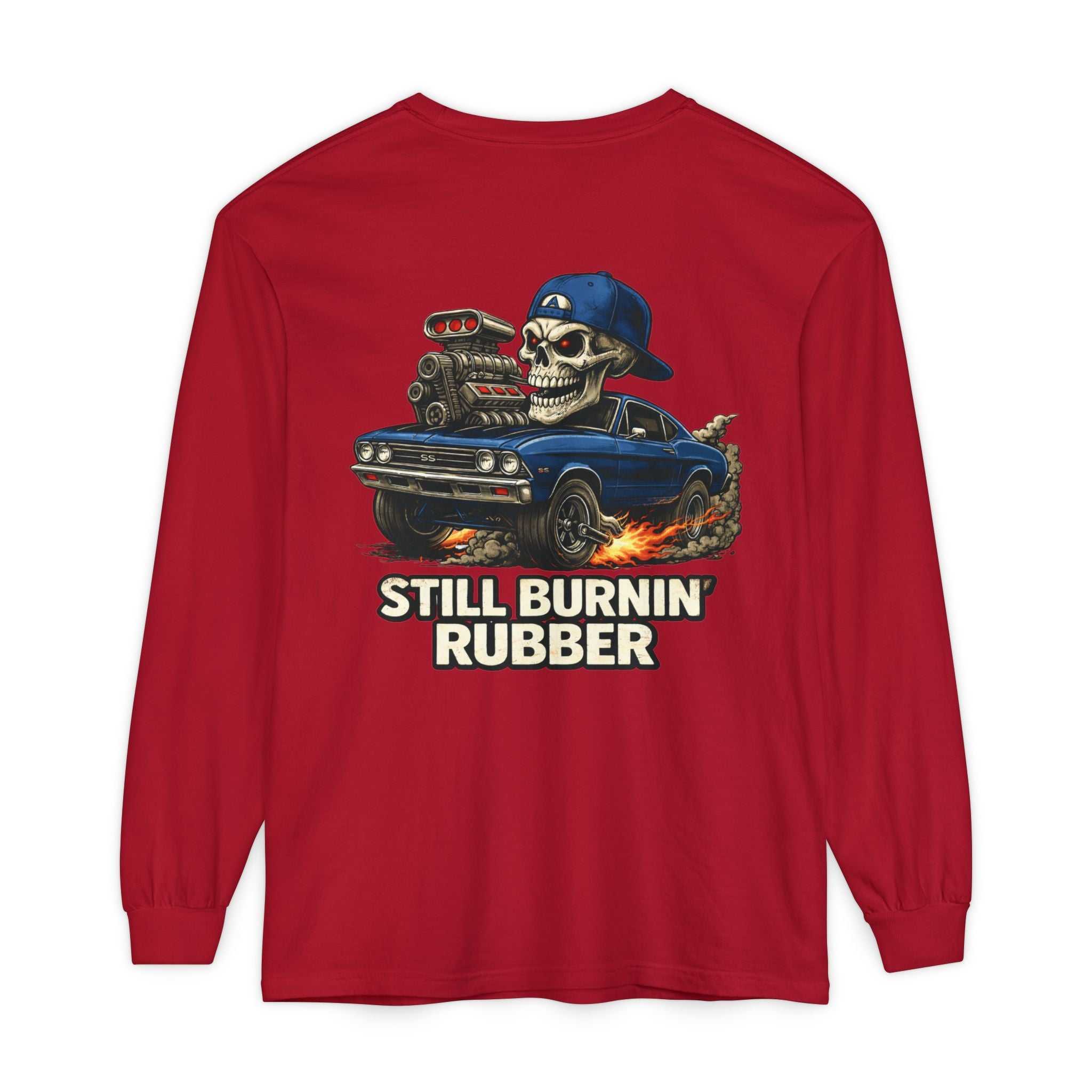 Still Burnin' Rubber Long Sleeve Tee — Retro Skull Muscle Car Graphic