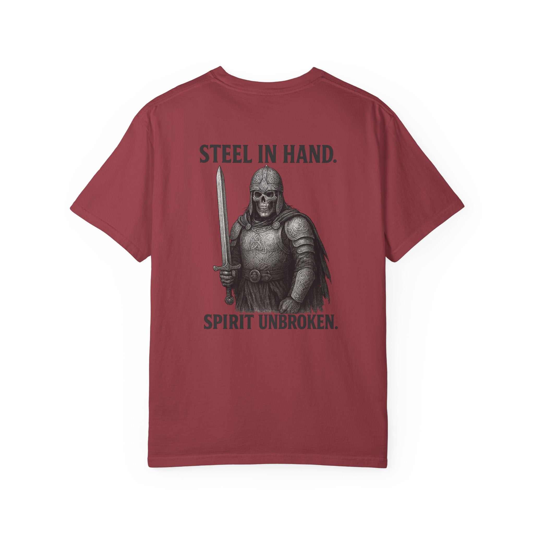 Garment-dyed t-shirt featuring a Celtic warrior fallen warrior battle design on soft US cotton fabric