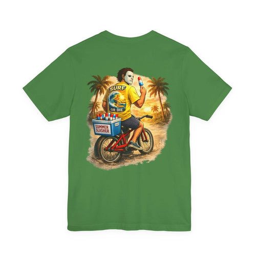 Retro horror-themed Cruise Chill Kill T-Shirt with beach bike and palm tree design on breathable cotton tee