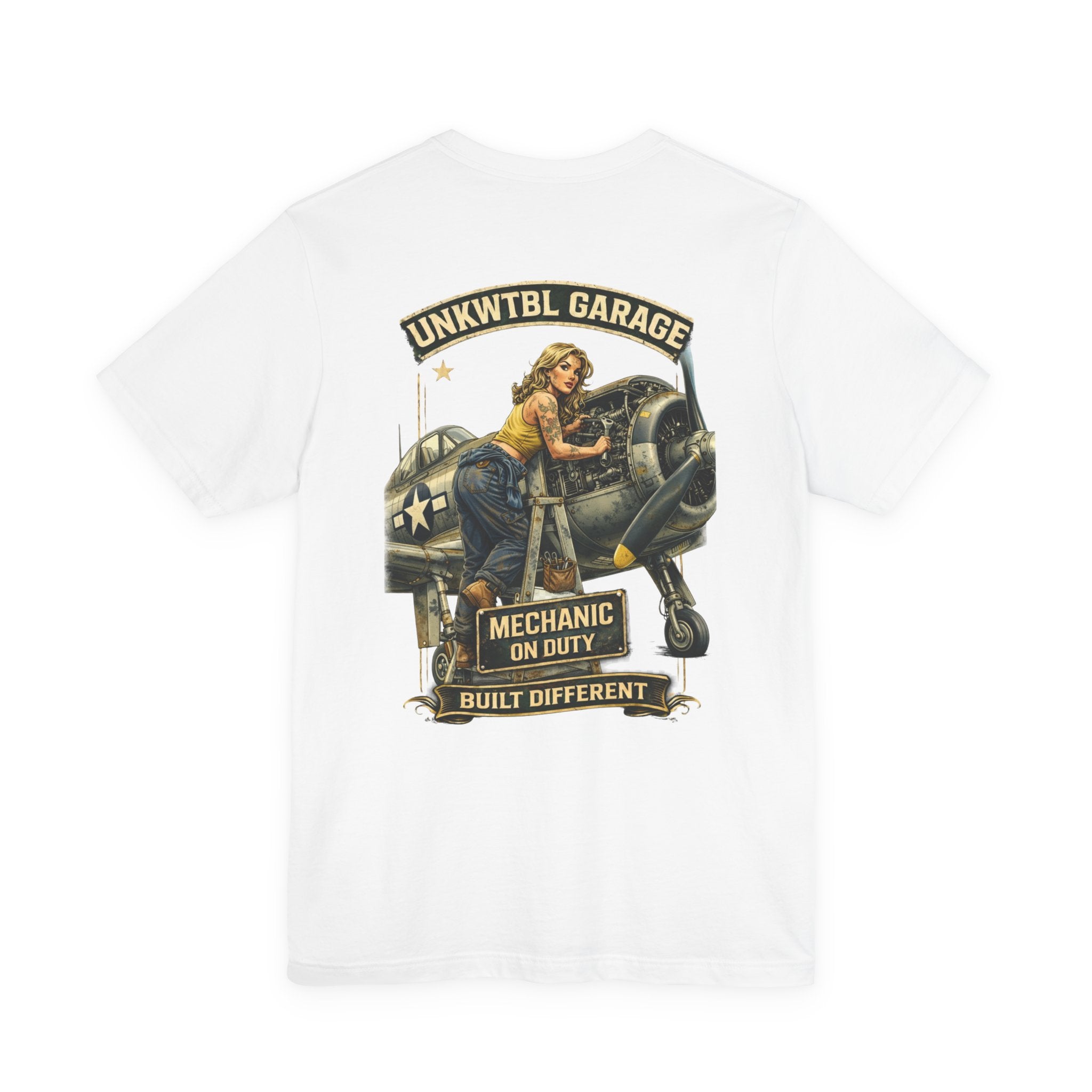 Mechanic On Duty Tee — Vintage Pin-Up Aircraft Garage Shirt