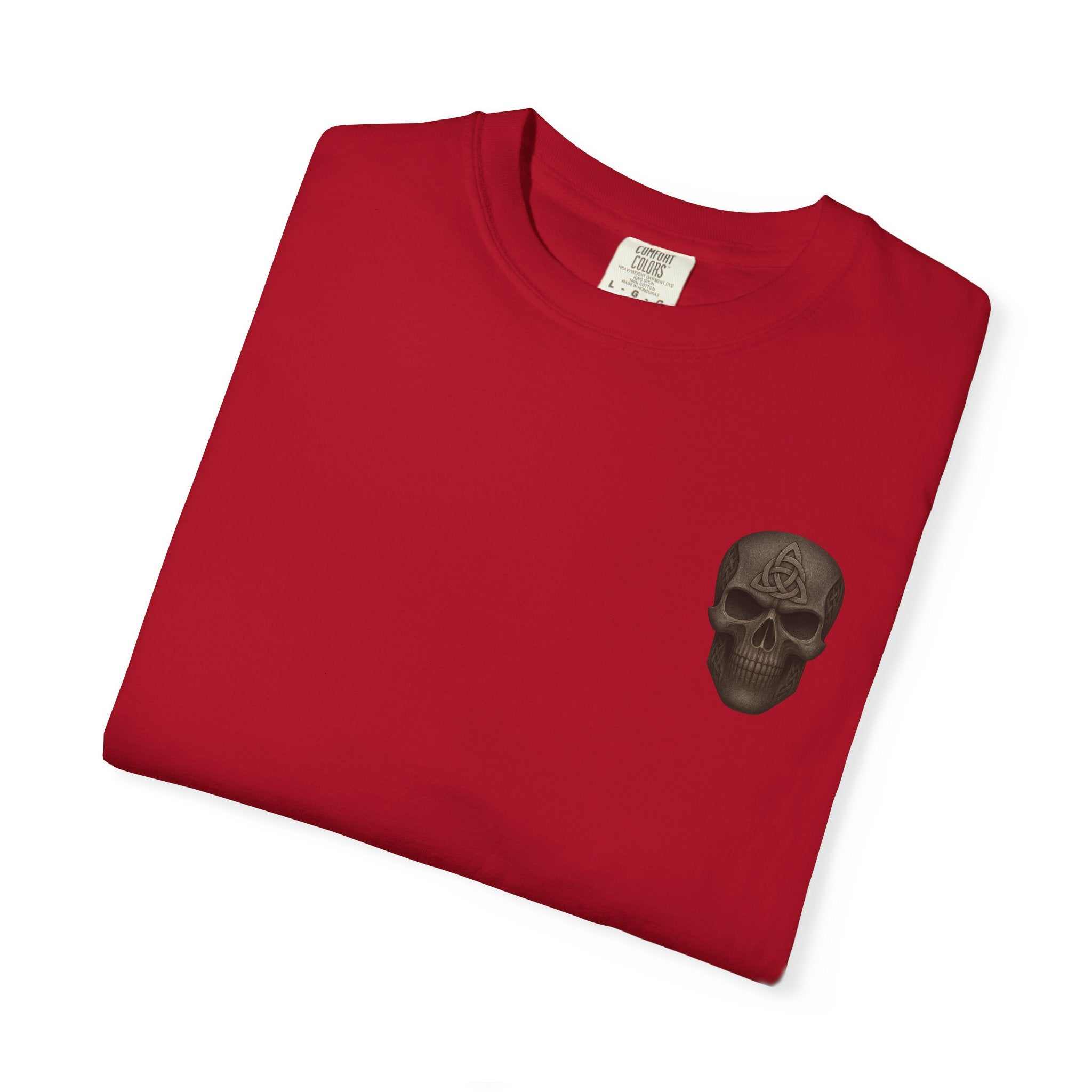red gladiator-themed unisex garment-dyed t-shirt with black skull graphic and tribale symbol on chest