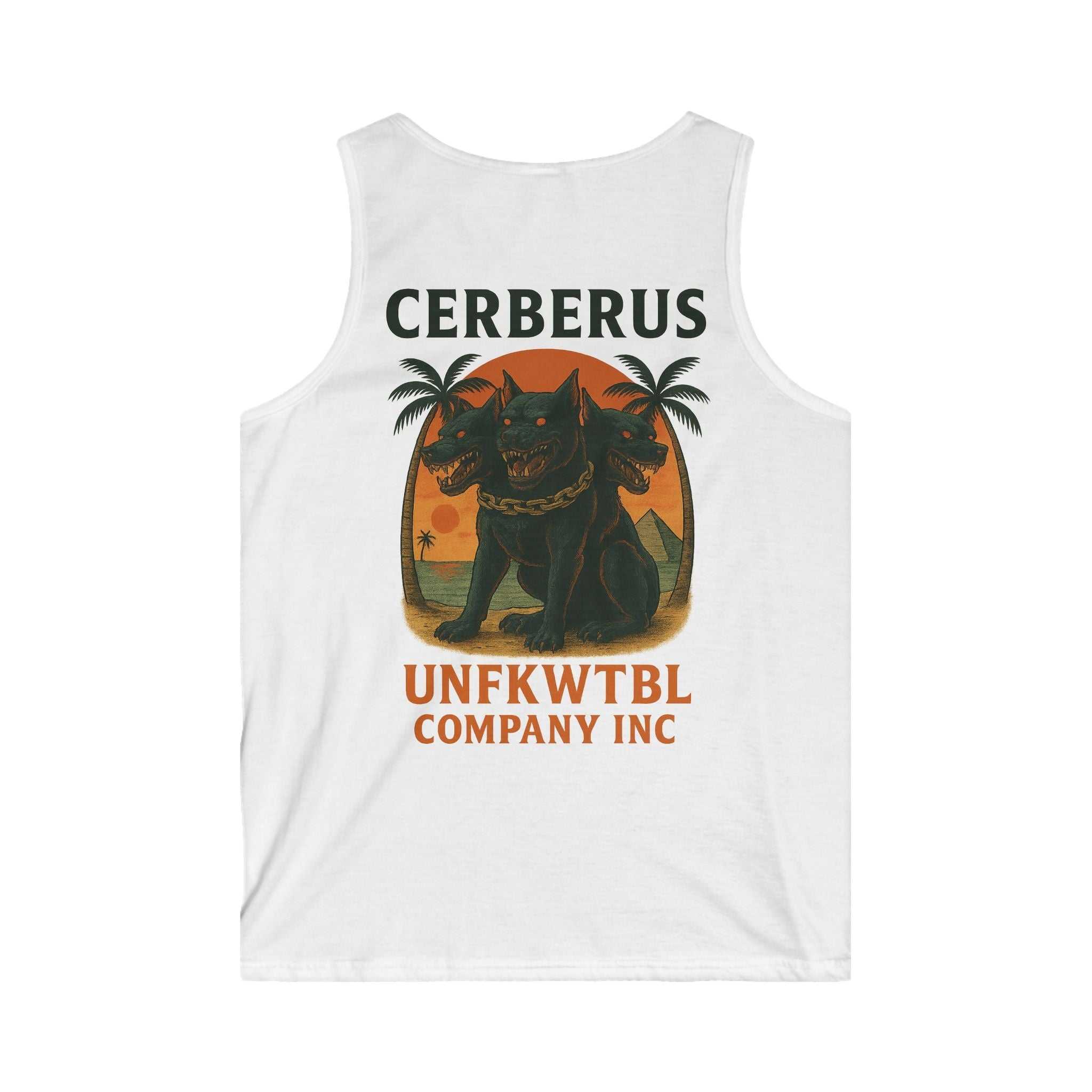 White tank top with Cerberus hellhound graphic and UNFKWTBL Company Inc text on back