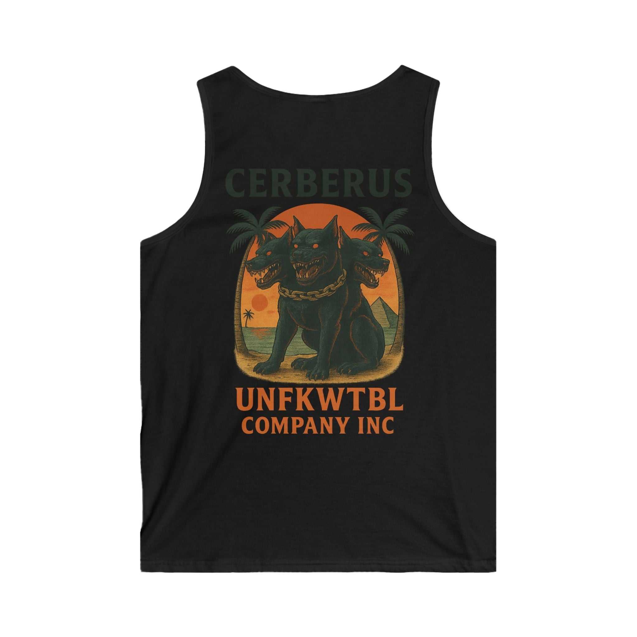 Black tank top with hellhound Cerberus graphic and UNFKWTBL Company Inc text