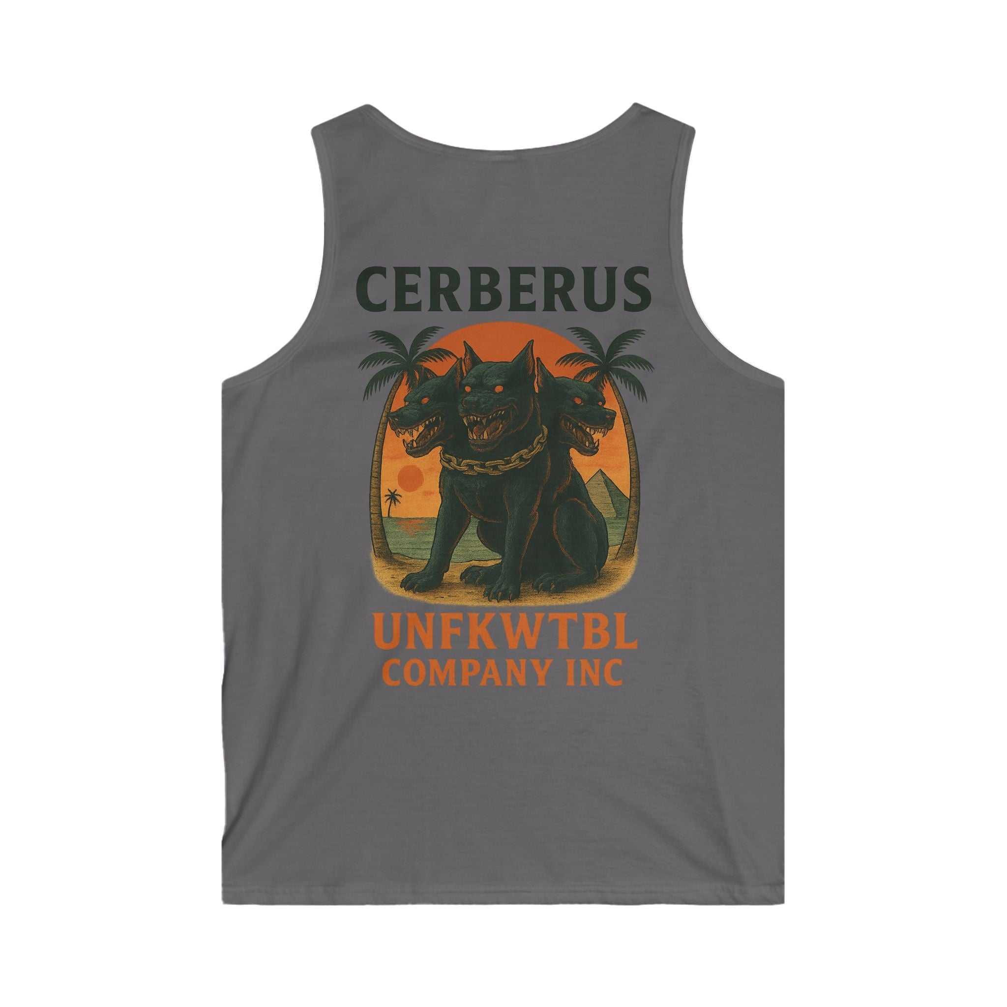 Gray tank top with Cerberus hellhound graphic and UNFKWTBL Company Inc text on the back