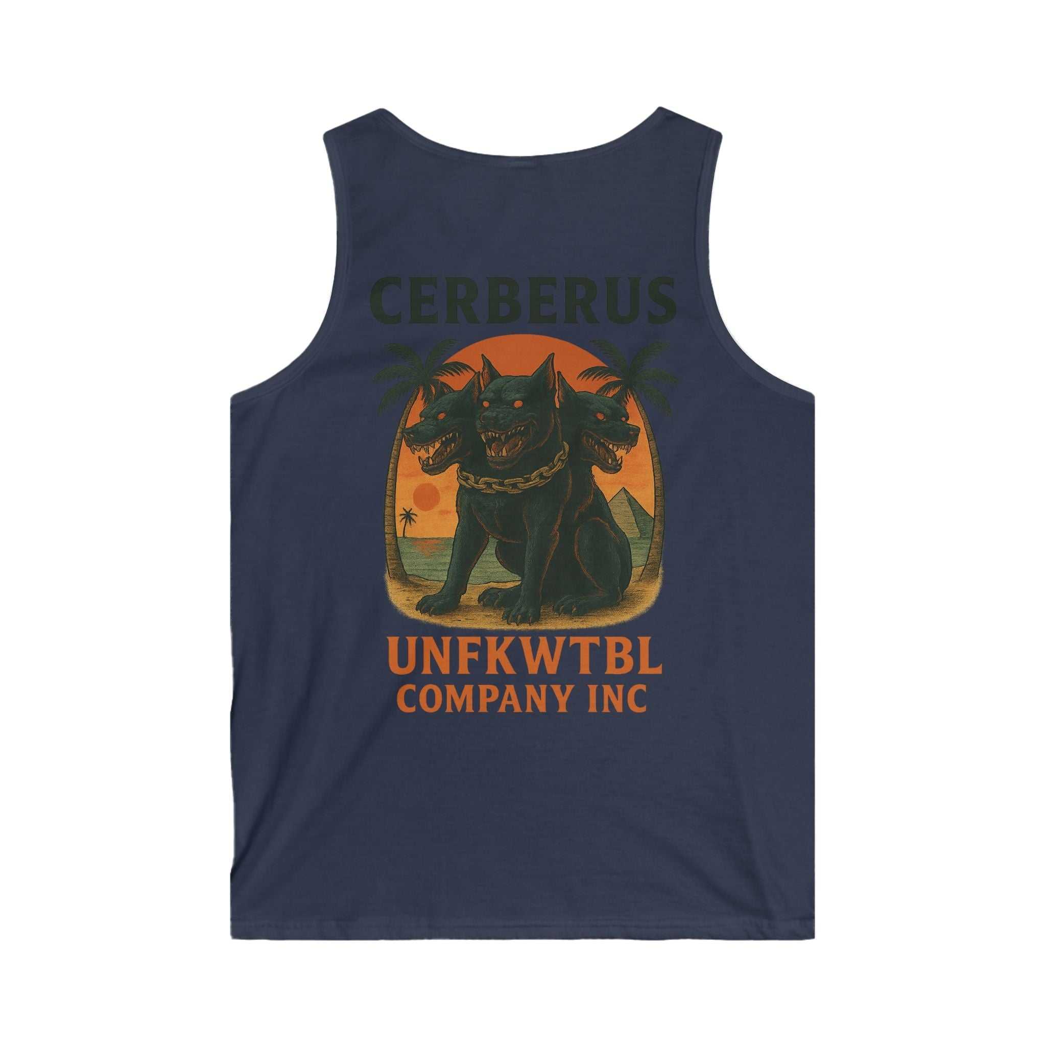 Navy tank top with Cerberus hellhound graphic and UNFKWTBL Company Inc text design