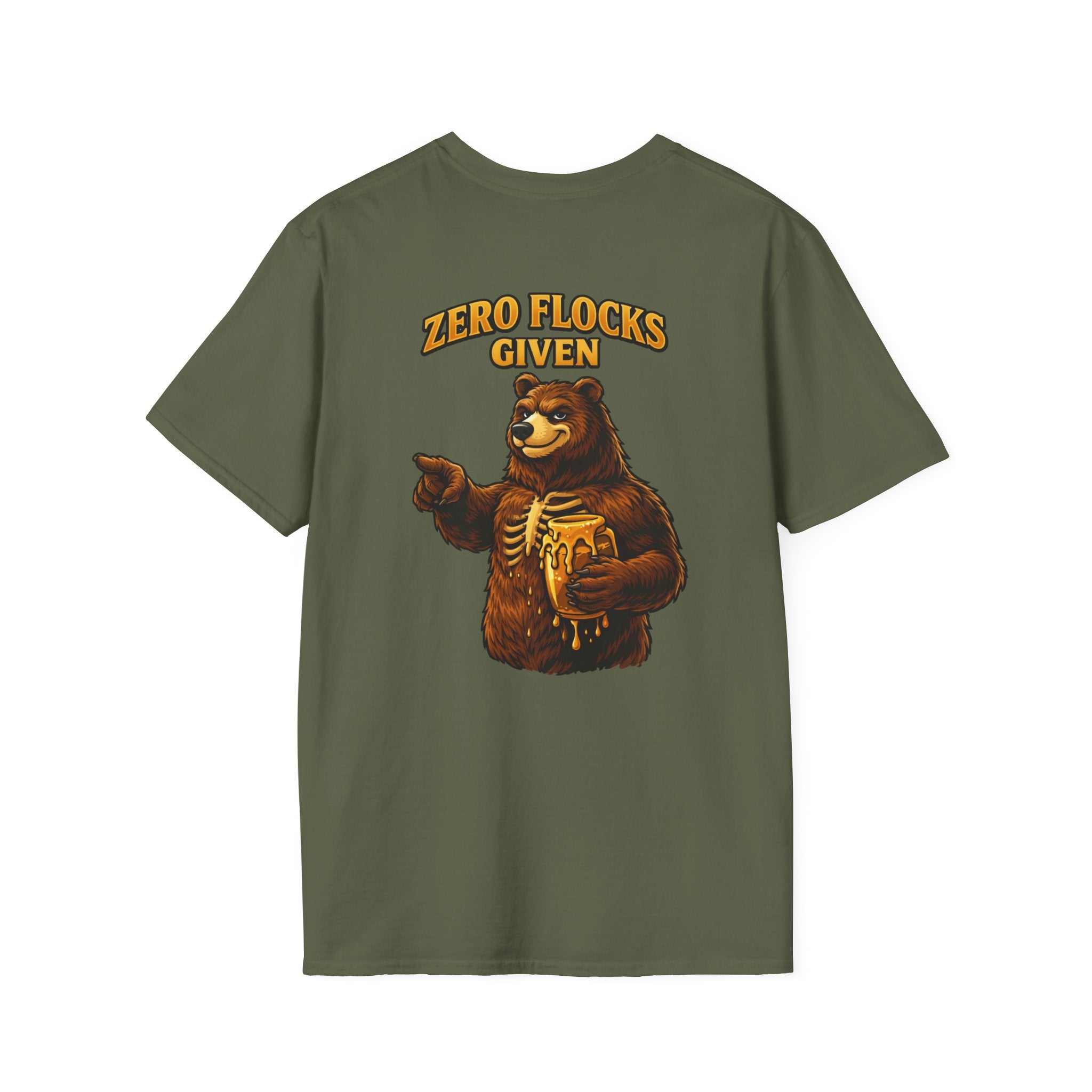 Zero Flocks Given bear graphic t-shirt showcasing rugged wildlife illustration and bold slogan for outdoor adventure enthusiasts
