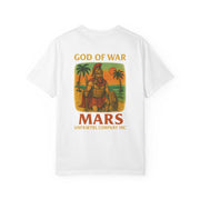White Warrior Mars T-shirt with vintage god of war graphic and palm trees design on back