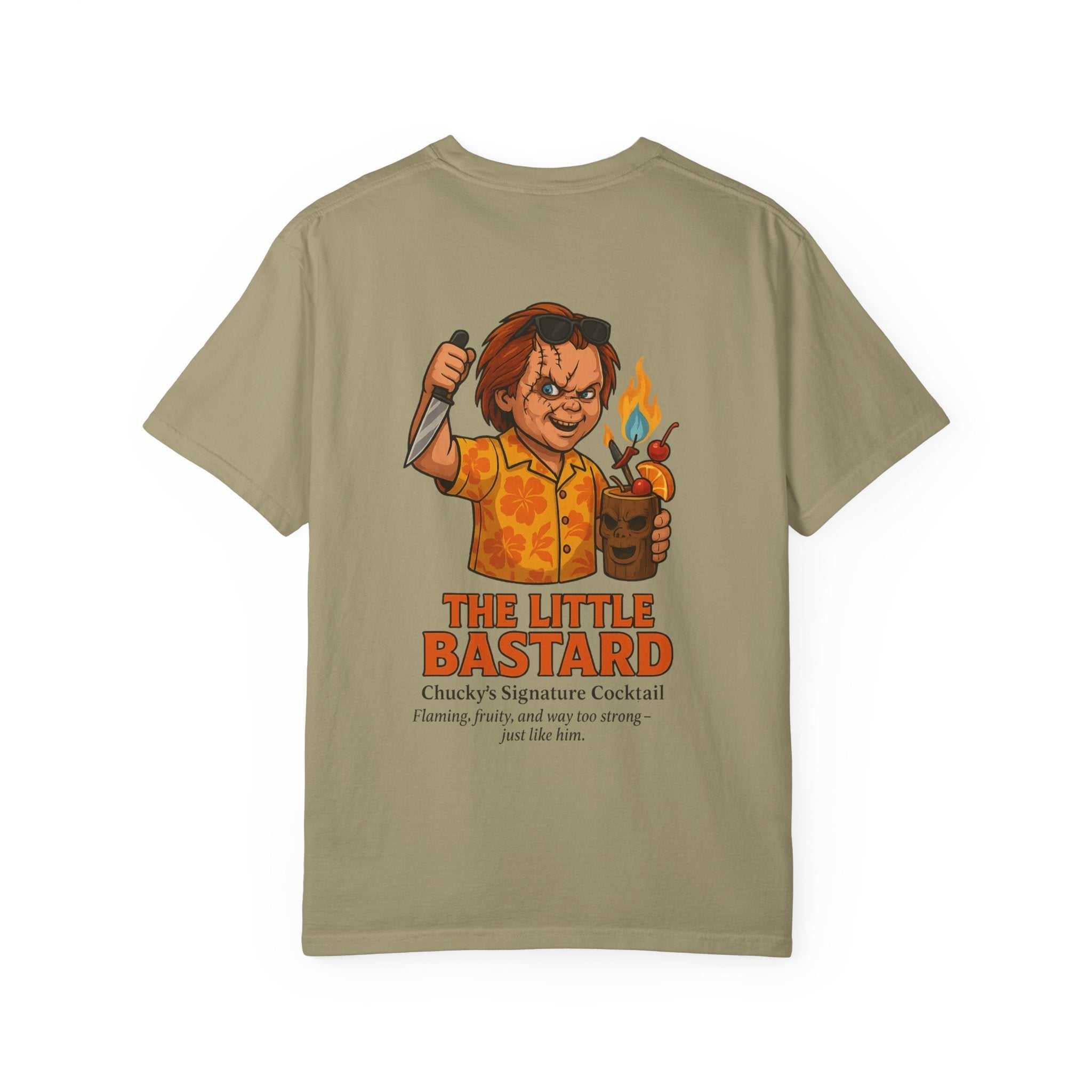 Unisex beige T-shirt featuring Chucky holding a knife and a flaming cocktail with text "The Little Bastard" and a description of Chucky’s signature cocktail.