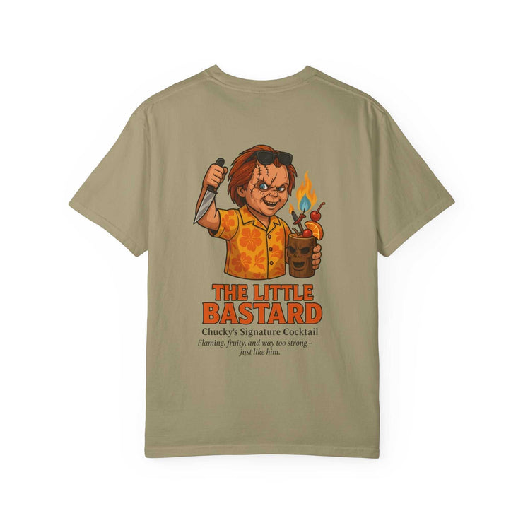 Unisex beige T-shirt featuring Chucky holding a knife and a flaming cocktail with text "The Little Bastard" and a description of Chucky’s signature cocktail.
