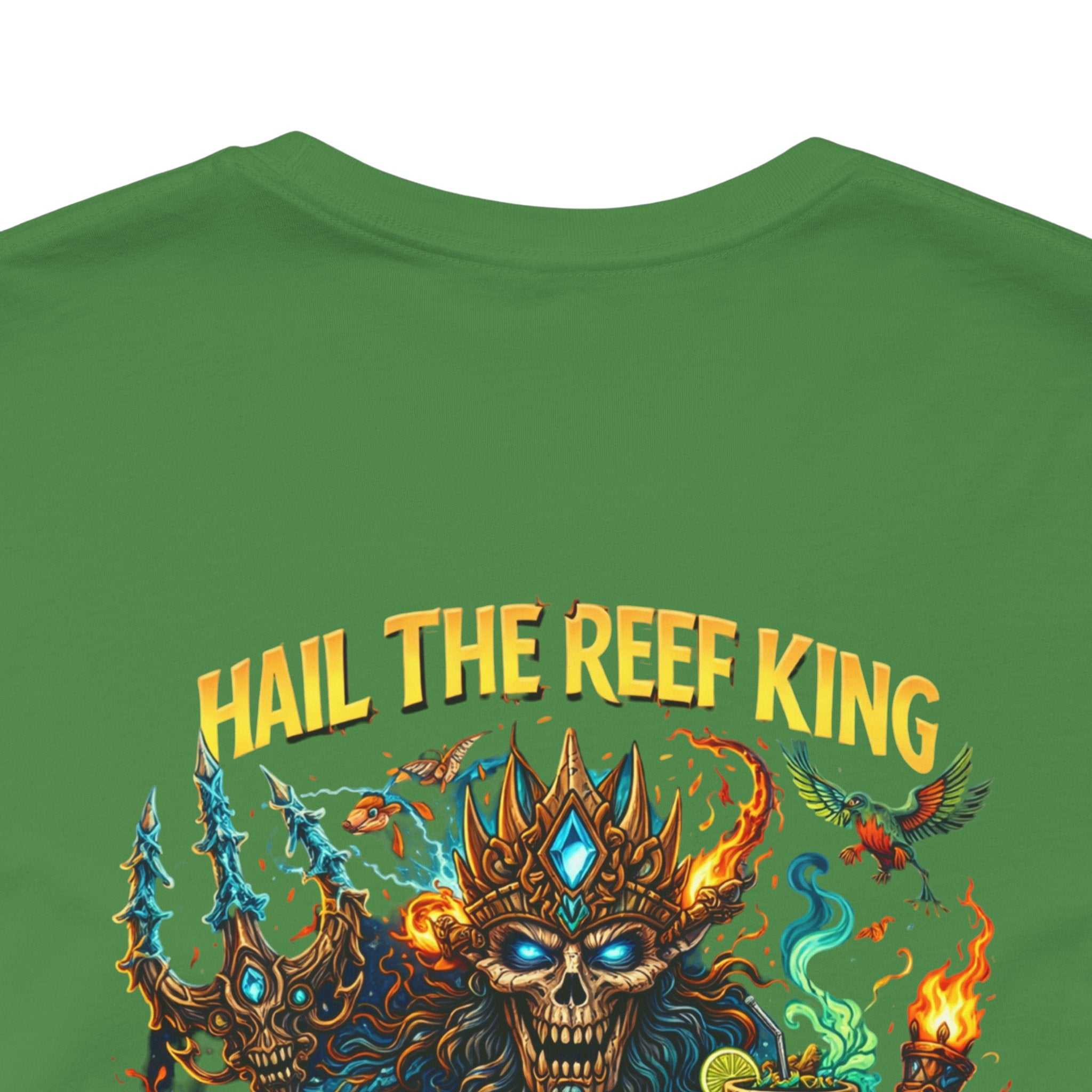 Hail the Reef King graphic tee featuring mythic sea king design with coral reef, trident, and oceanic fantasy elements on soft cotton shirt