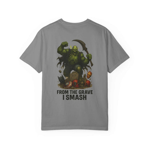 Gray graphic tee with Grim Reaper Hulk mashup design smashing from the grave and text "FROM THE GRAVE I SMASH"
