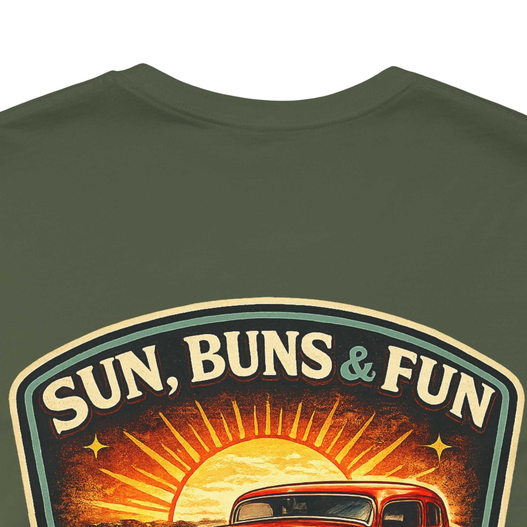 Cruise Night Hot Rod Tee — "Sun, Buns & Fun" Vintage Car T‑Shirt