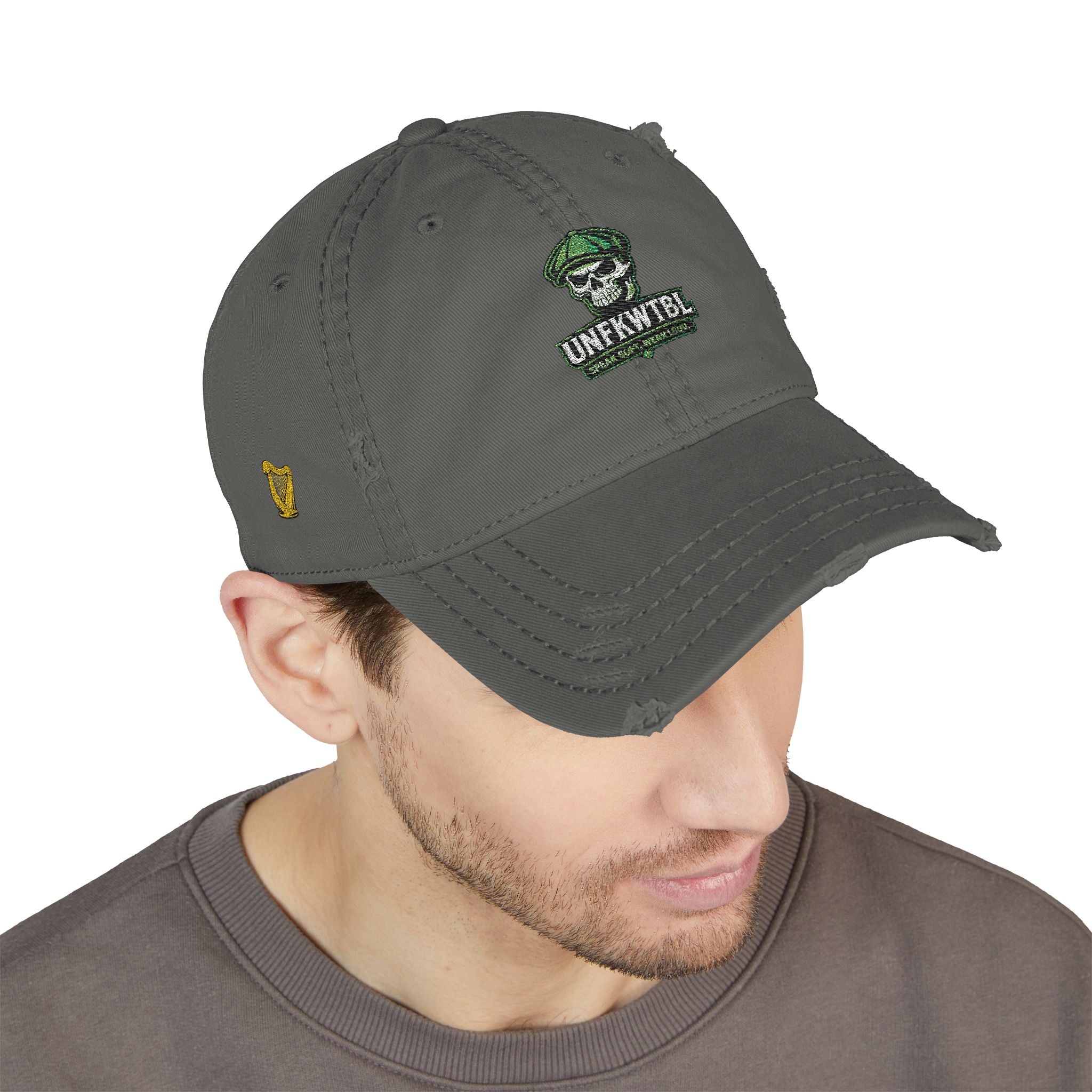 Distressed Embroidered Dad Hat — Green Skull & Shamrock "UNFRWTBL"