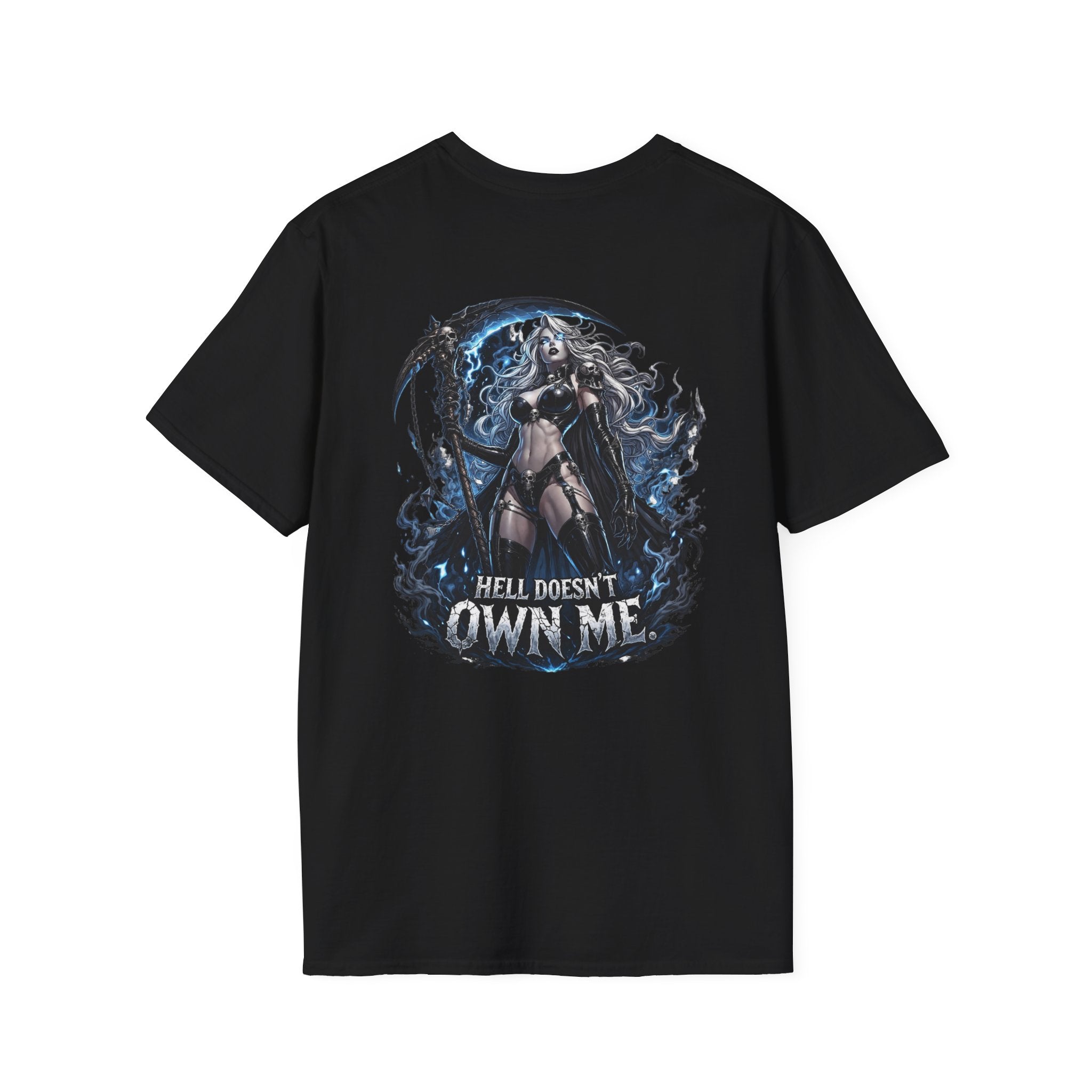 Reaper Graphic T-Shirt — "Hell Doesn't Own Me" Gothic Skull Tee
