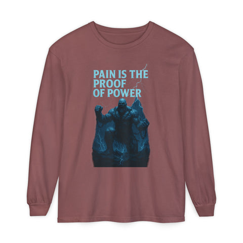 Unisex Long Sleeve T-Shirt, Pain is the Proof of Power Tee for Gym, Fitness, Motivational Quote, Gift for Him or Her, Casual Wear