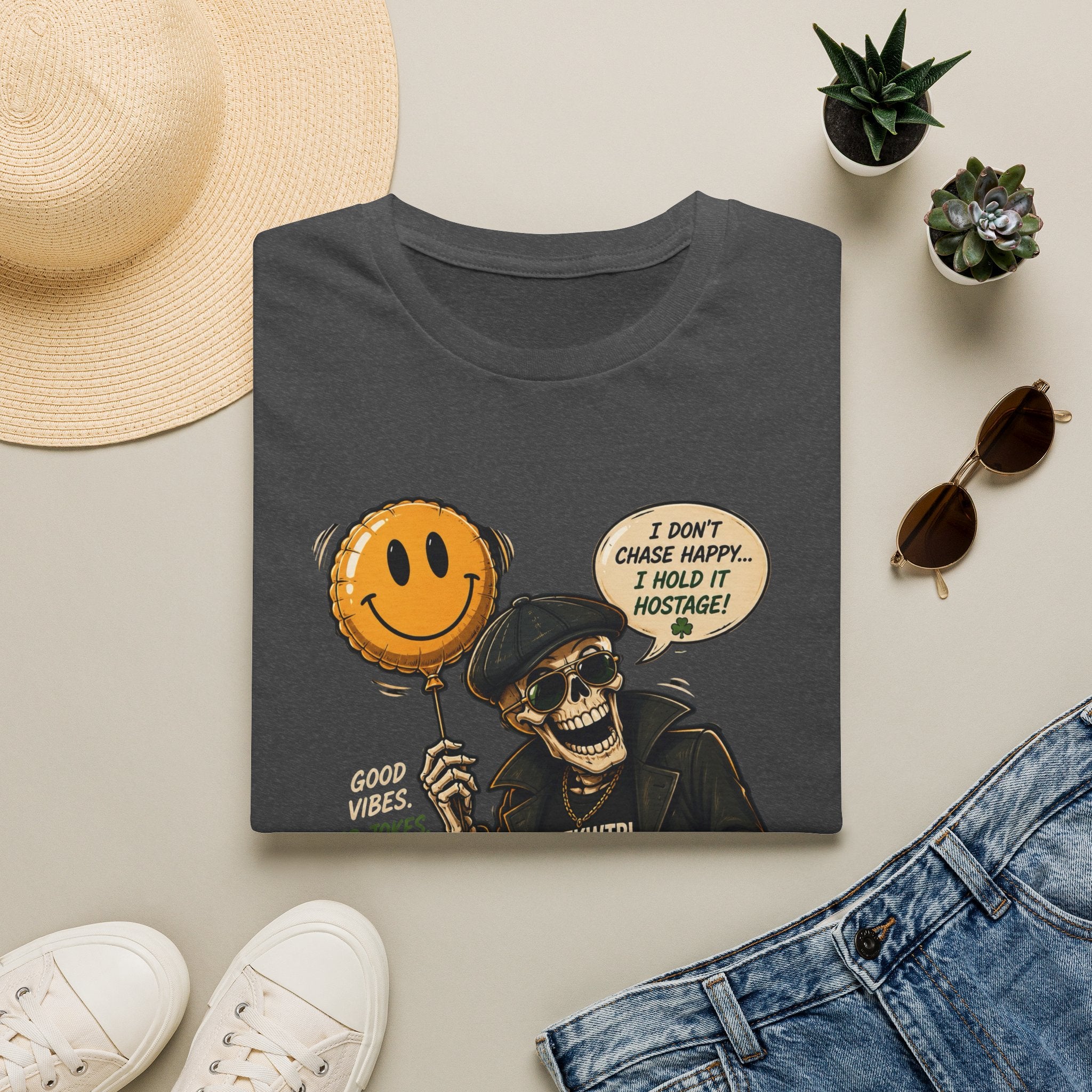 Skull with Smiley Balloon T-Shirt — “I Don’t Chase Happy… I Hold It Hostage” Graphic Tee