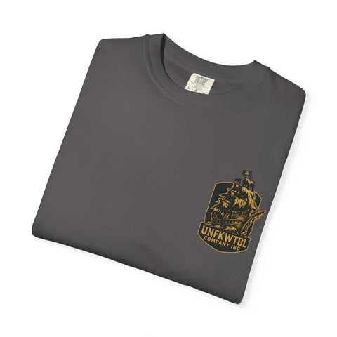 folded charcoal Control the Chaos unisex garment-dyed t-shirt with vintage-style graphic and sustainable cotton fabric