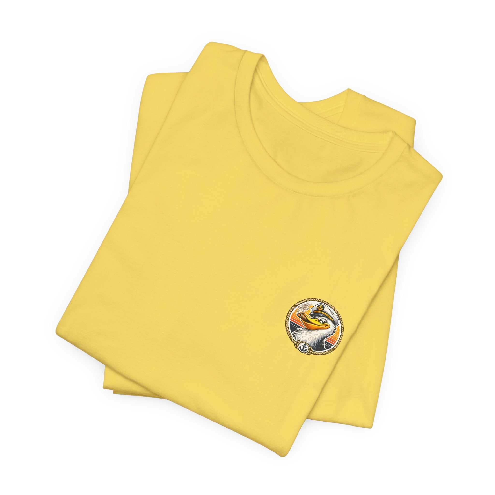 T-Shirt — Retro Pelican on Inflatable Tube Graphic Tee (Beach Vacation, Tropical Sunset)