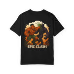 Fantasy Battle Unisex Garment-Dyed T-shirt featuring epic Clash Cindermaw vs Xarvok design