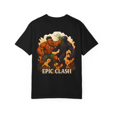 Fantasy Battle Unisex Garment-Dyed T-shirt featuring epic Clash Cindermaw vs Xarvok design
