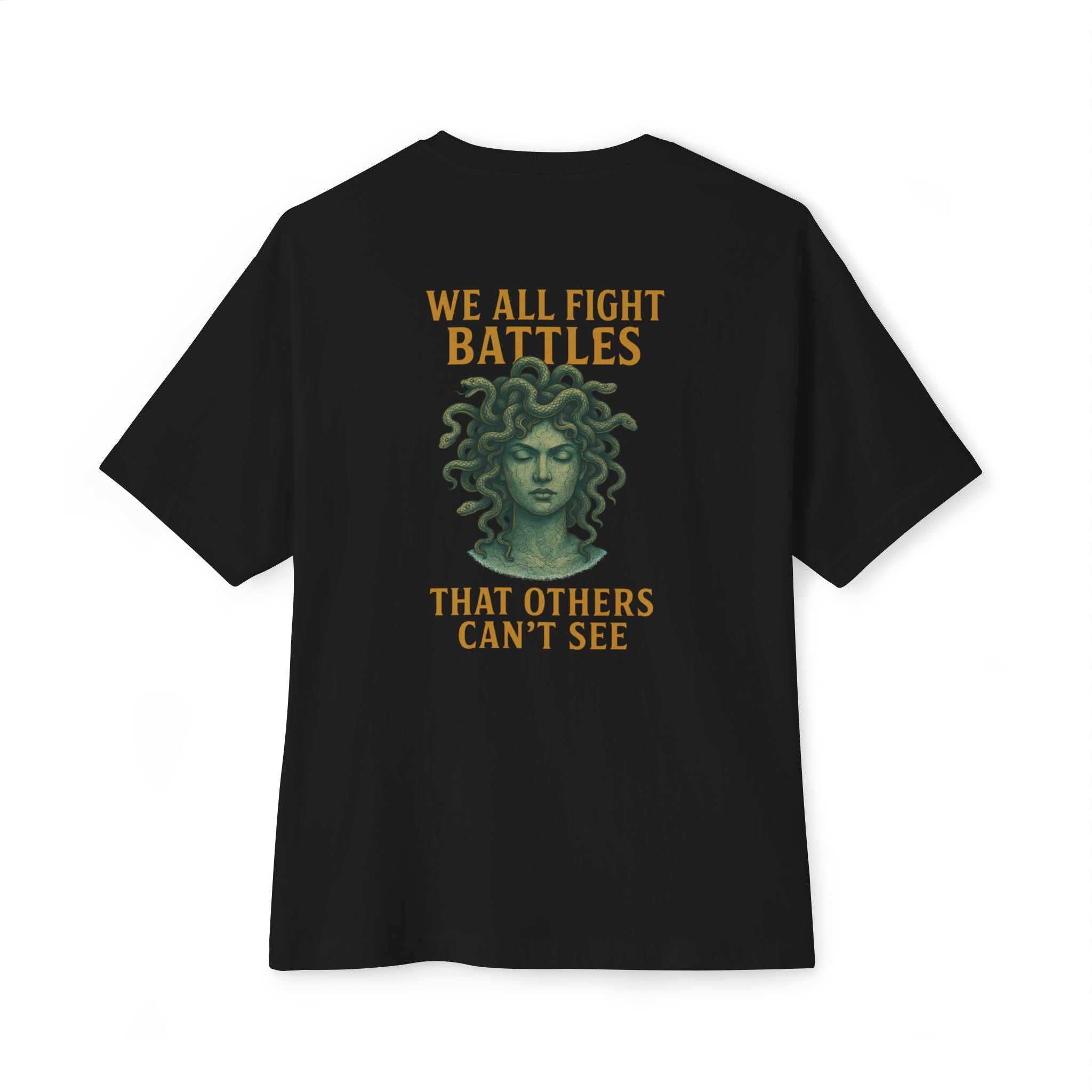 Unisex oversized boxy tee with Medusa inspirational design, relaxed fit and soft cotton fabric