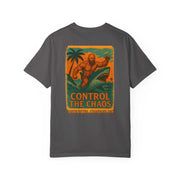 Control the Chaos unisex garment-dyed T-shirt with vibrant adventure graphic on charcoal background, sustainable fashion cotton tee