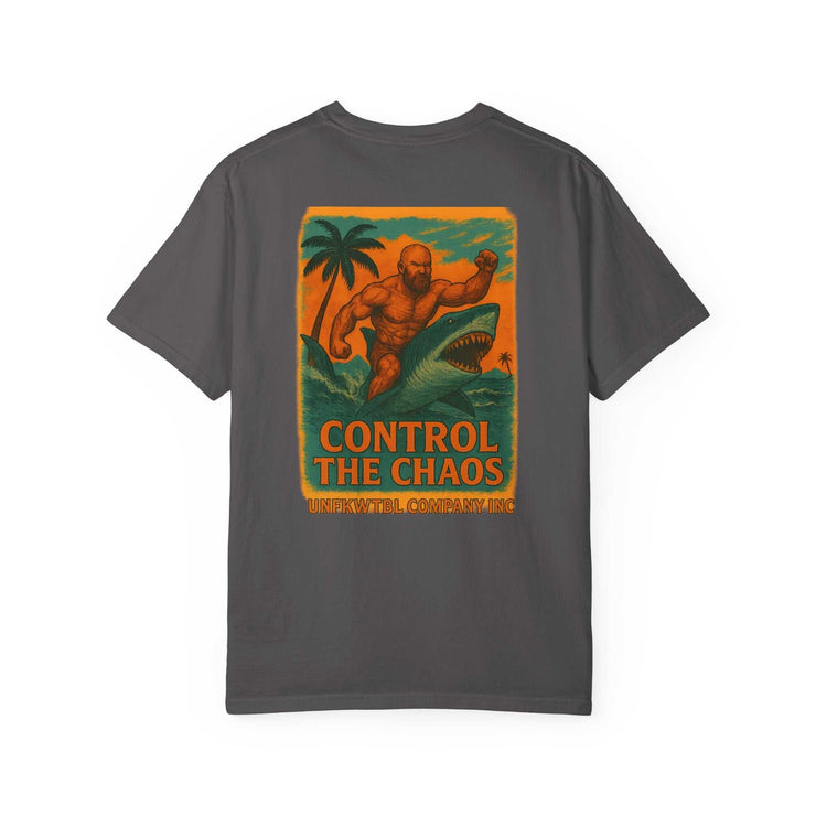 Control the Chaos unisex garment-dyed T-shirt with vibrant adventure graphic on charcoal background, sustainable fashion cotton tee