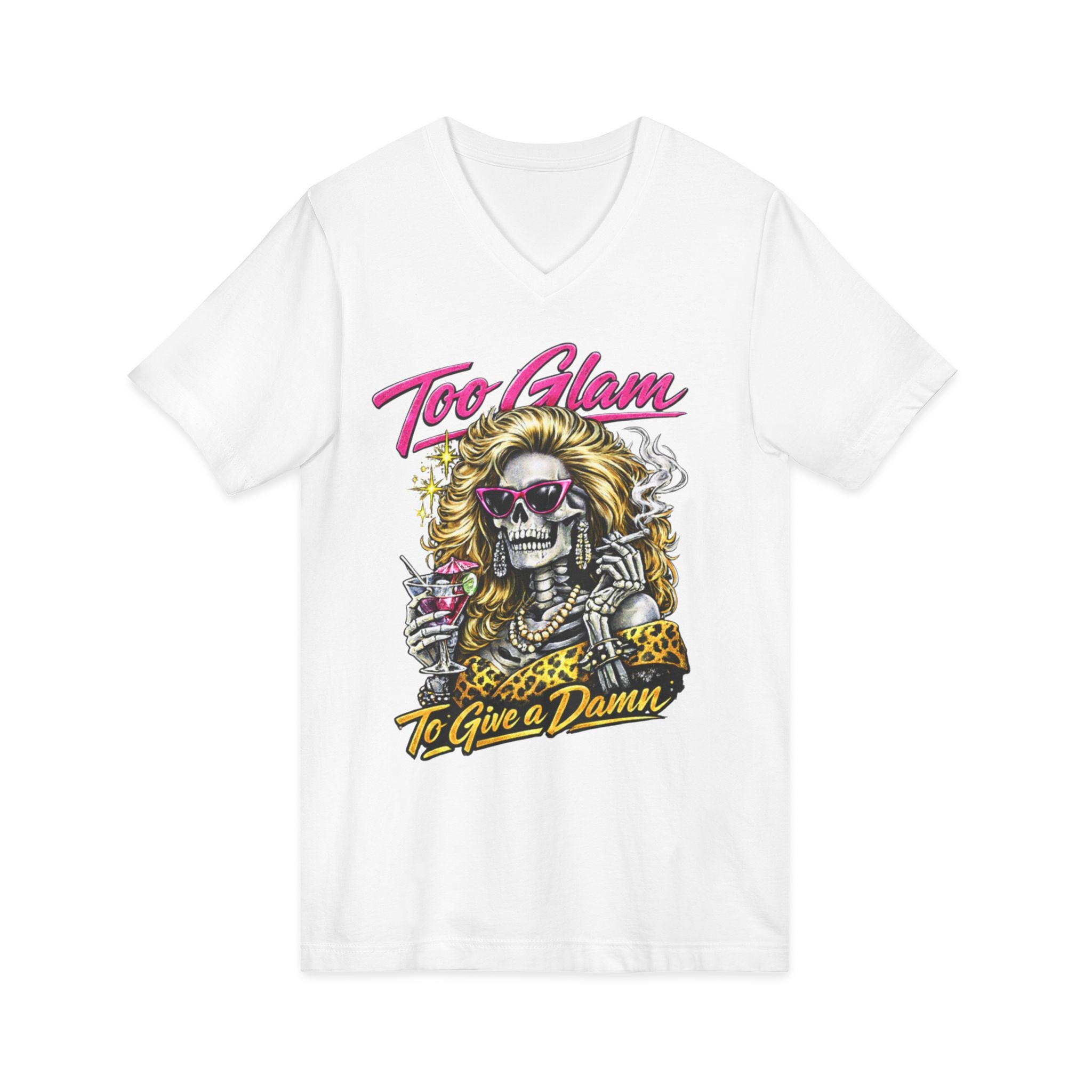 Too Glam To Give a Damn Skull Tee — Retro Glam Rock V-Neck Shirt