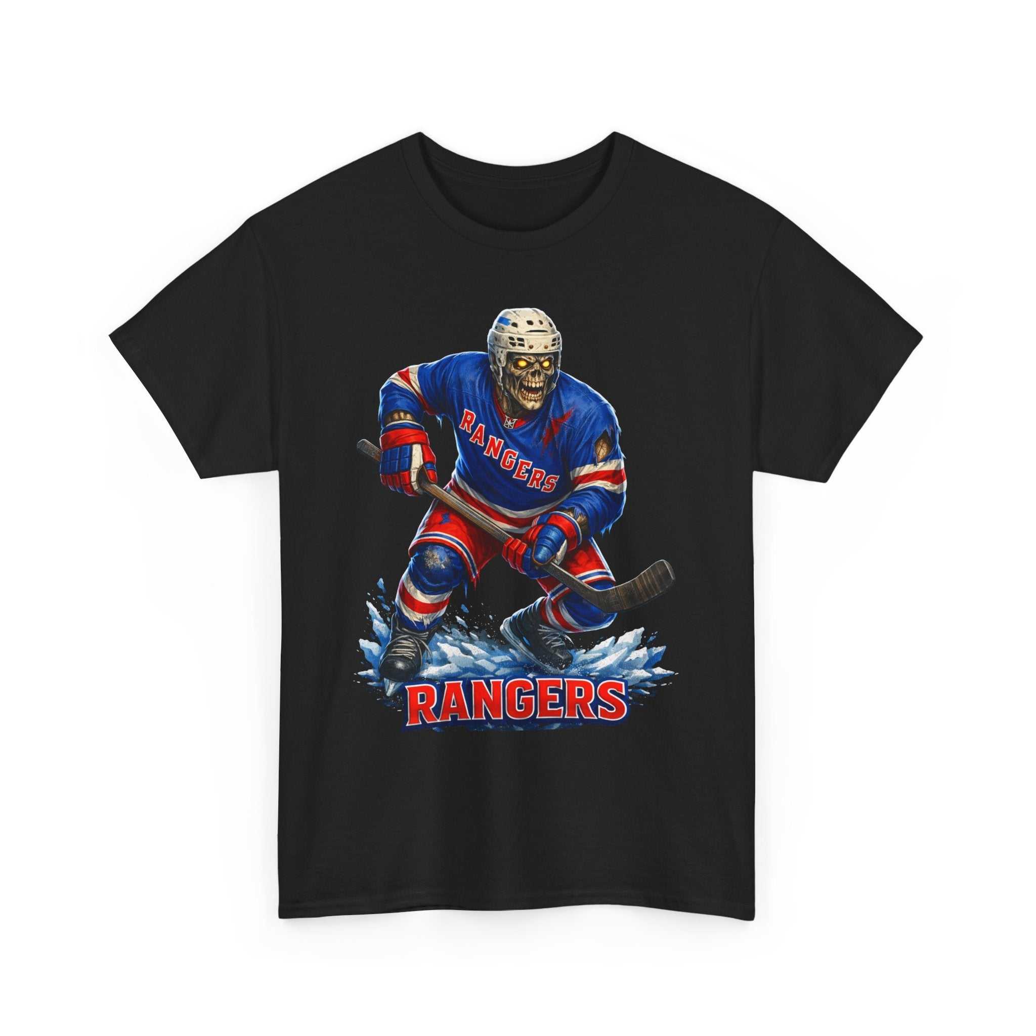 Hockey Tee Rangers Team of the Undead bold design with text and size guide table