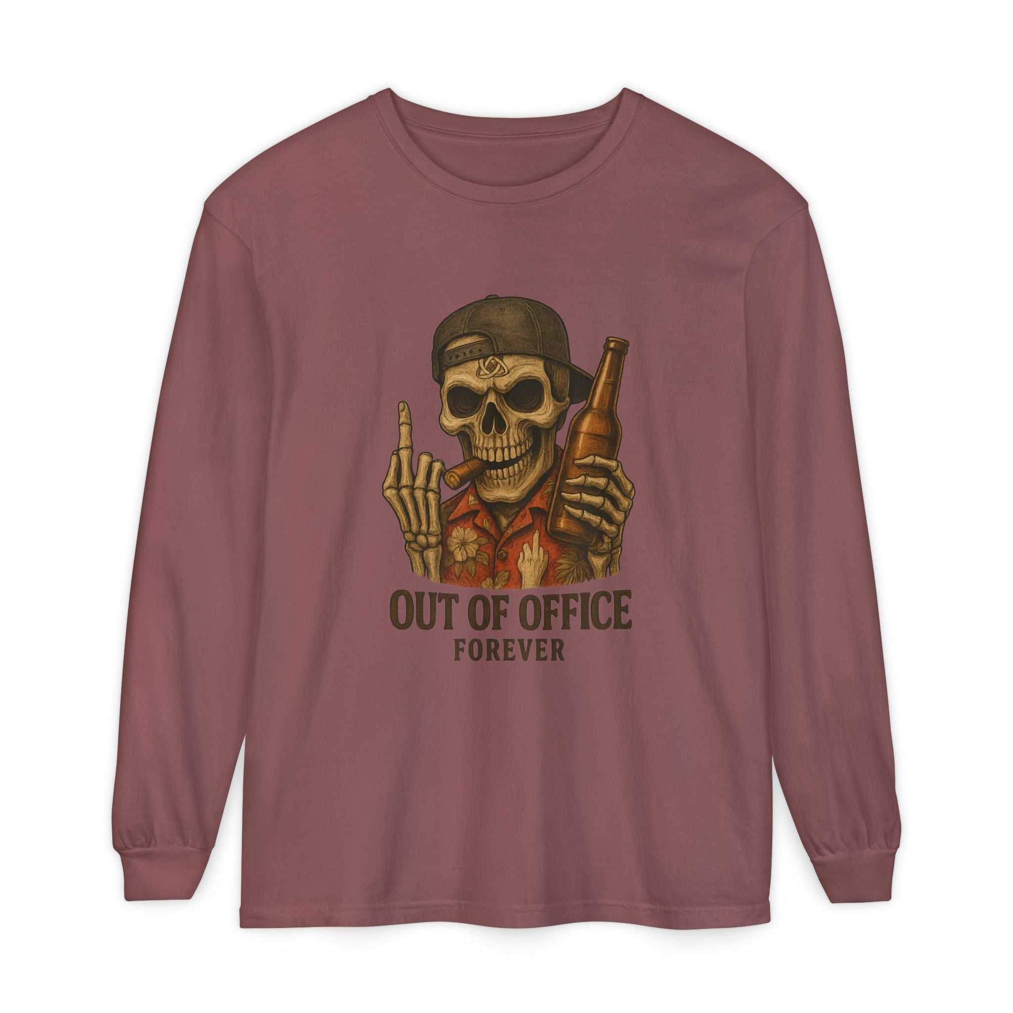 Long sleeve t-shirt with "Out of Office Forever" skull and beer graphic, soft garment-dyed cotton