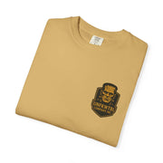 Vintage Frankenstein T-shirt in tan with bold monster graphic and UNFKWTBL logo on chest, unisex garment-dyed cotton tee.