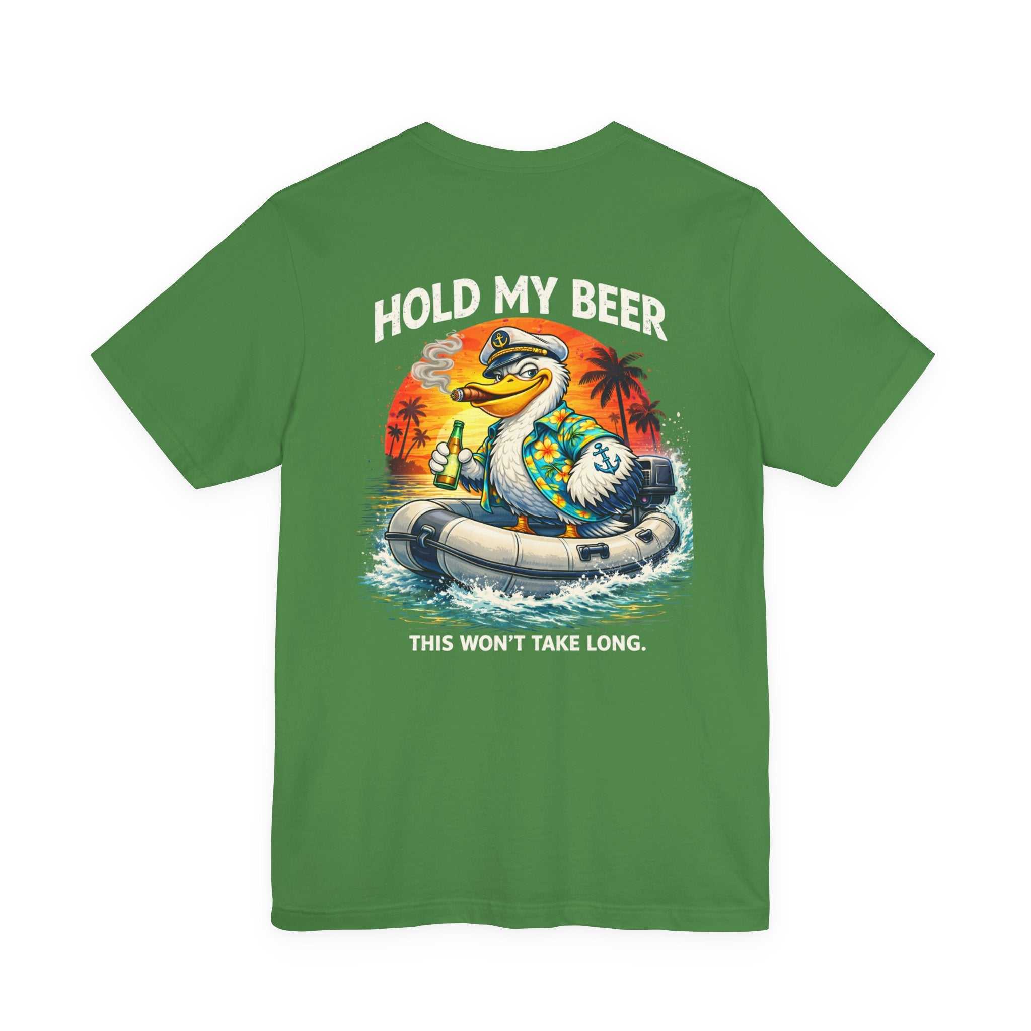 T-Shirt — Retro Pelican on Inflatable Tube Graphic Tee (Beach Vacation, Tropical Sunset)