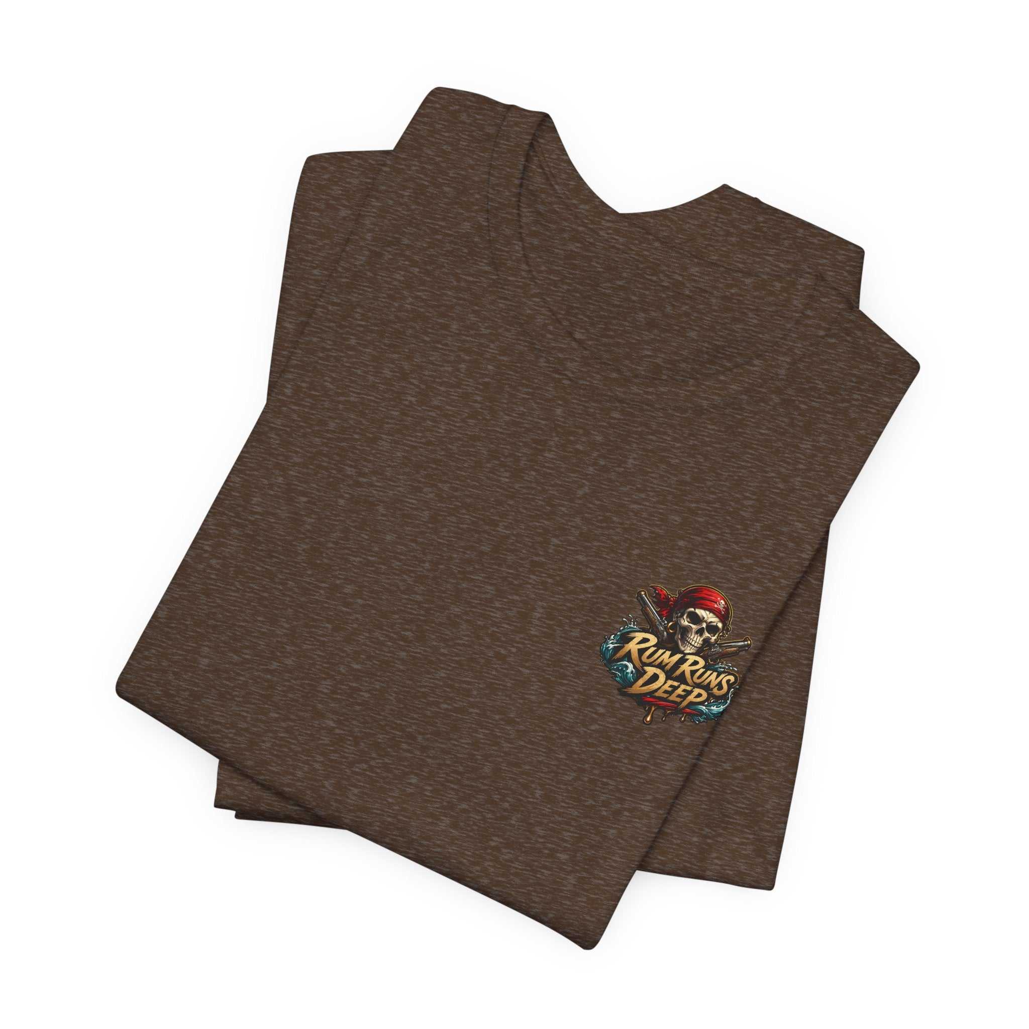 Rum Runs Deep Pirate Pinup T-shirt with vibrant pirate and island artwork on soft cotton