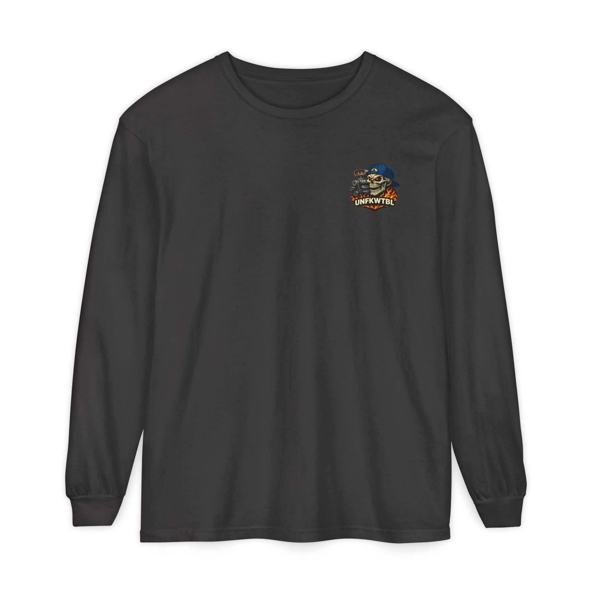 Still Burnin' Rubber Long Sleeve Tee — Retro Skull Muscle Car Graphic