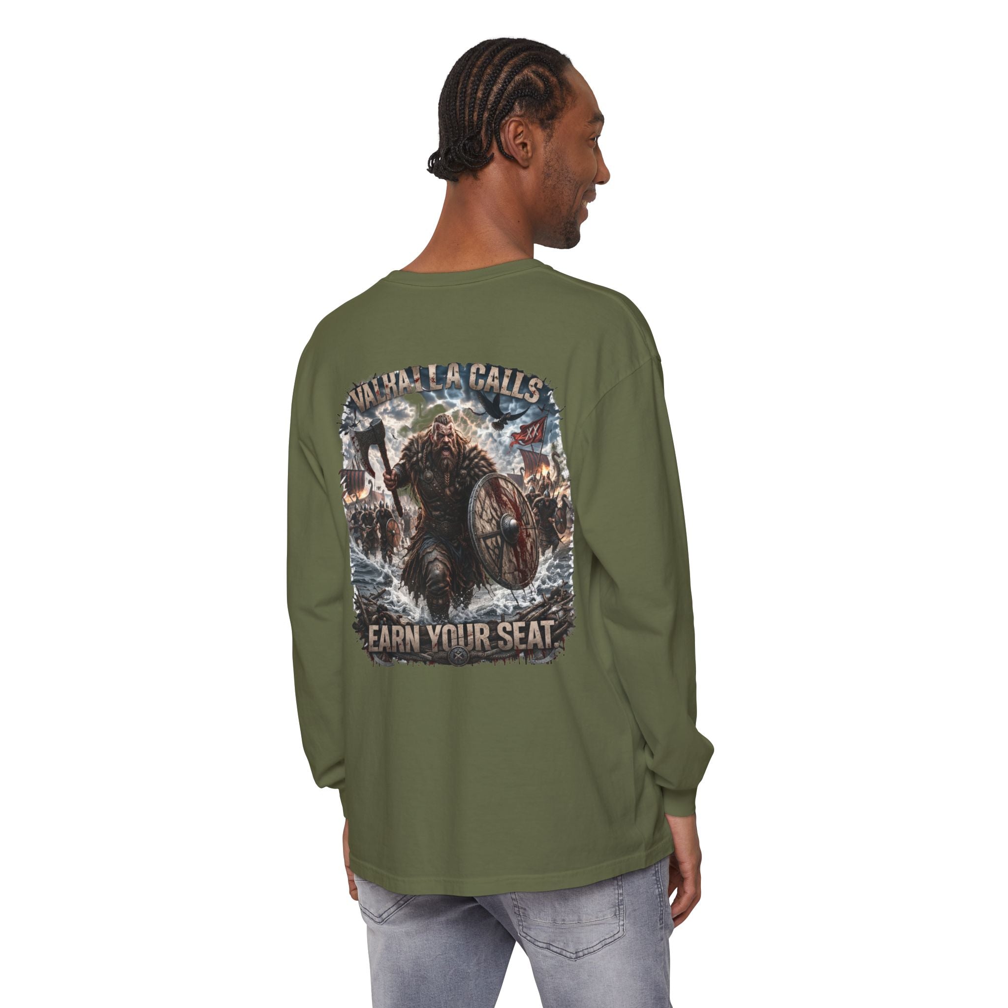 Valhalla Calls Long Sleeve Tee — "Earn Your Seat" Viking Graphic