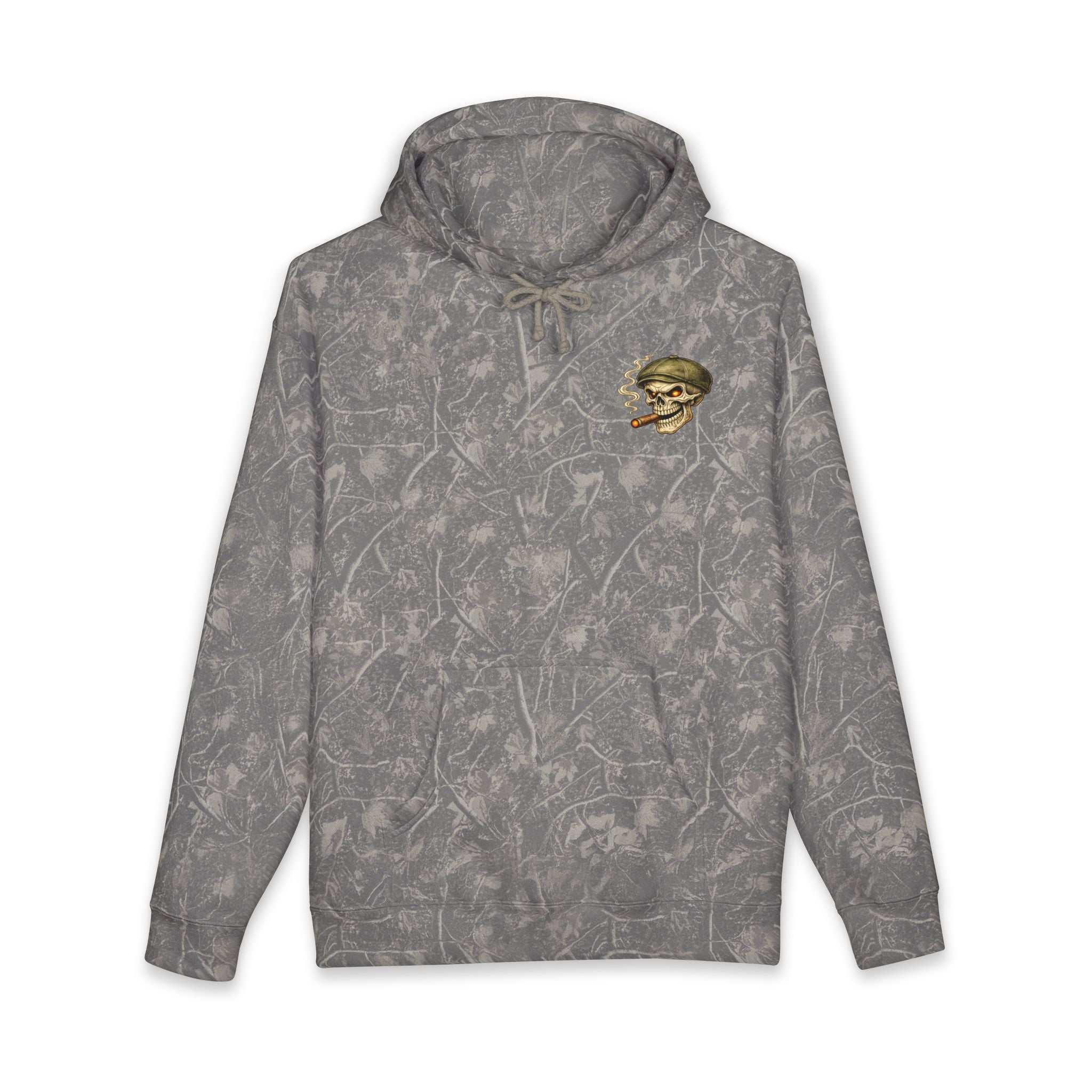 Skull Cigar Hoodie with bold skull and cigar graphic, camo design, and heavyweight fabric for streetwear style