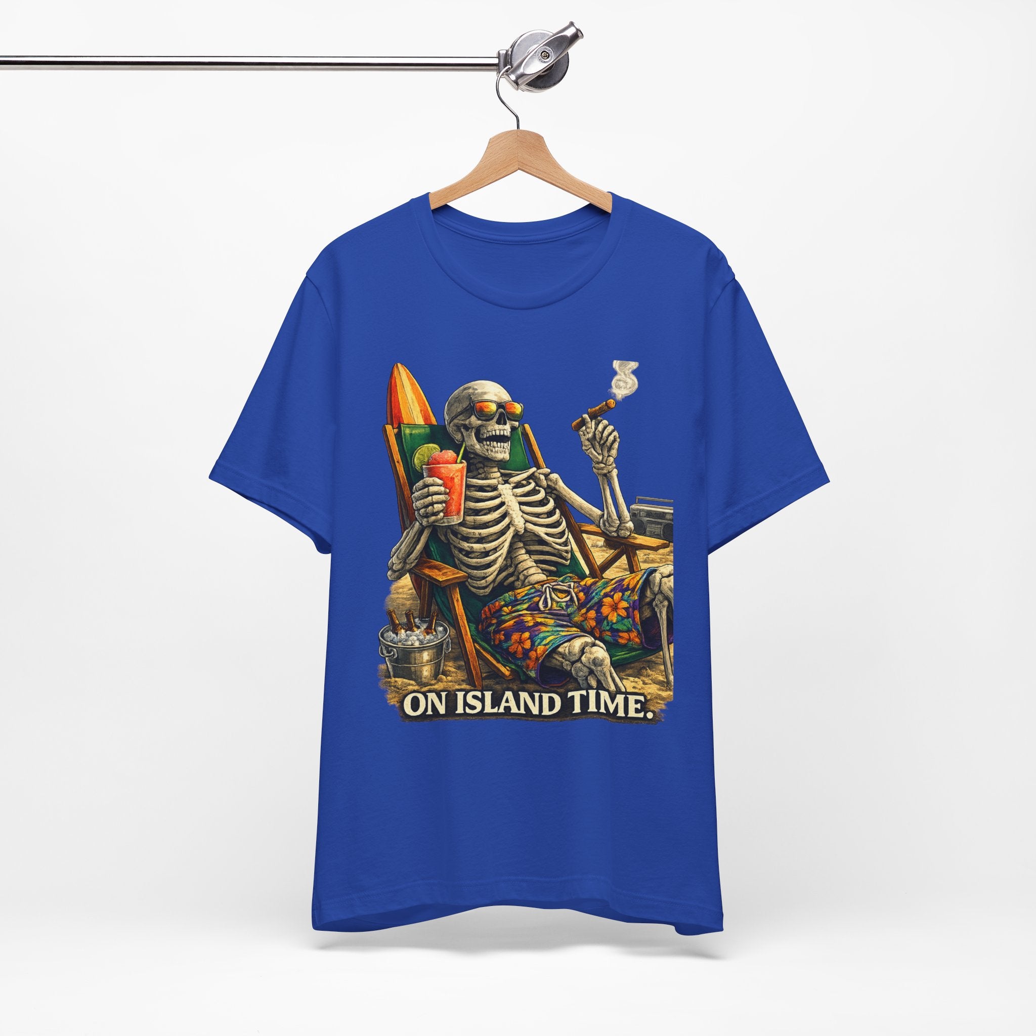 Skeleton Beach Tee — "On Island Time" Tropical Skull Vacation T-Shirt