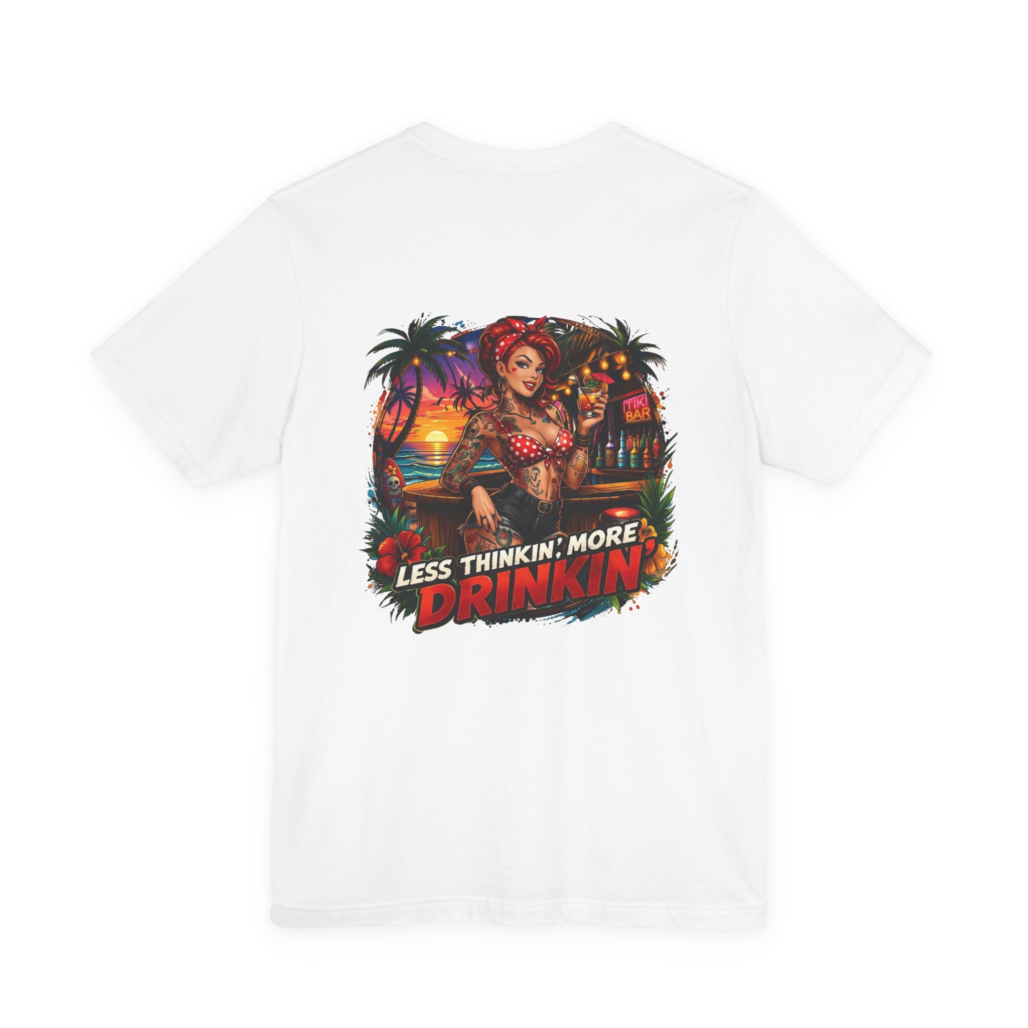 Beach Pinup T‑Shirt — "Less Thinkin', More Drinkin'" Retro Tropical Tee